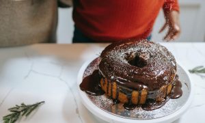 Close up of chocolate cake with powdered sugar