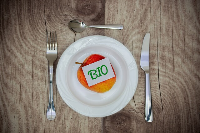 A plate with an apple on it and a piece of paper with "Bio" written on it.