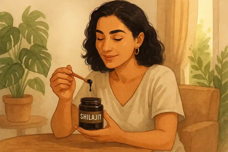 Femme utilisant du Shilajit pour son équilibre naturel