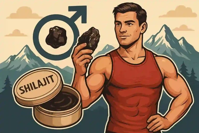 Homme musclé tenant du Shilajit, symbole de vigueur, avec montagnes en fond