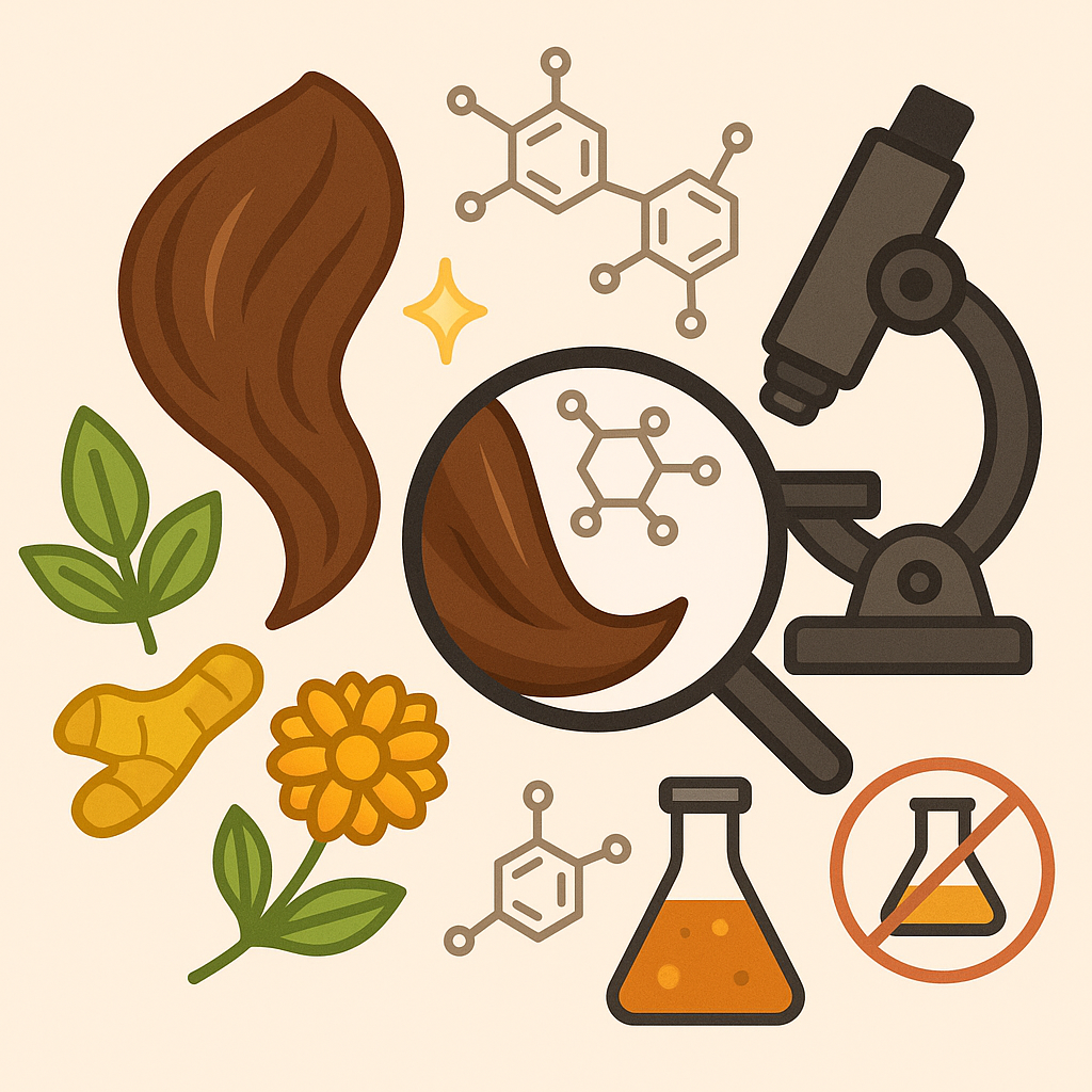 Illustration cartoon scientifique avec henné , curcuma, Tagetes erecta , cheveux colorés et molécules chimiques
