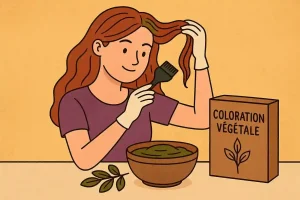Meilleure marque de coloration végétale sans ammoniaque, illustration cartoon d’une femme appliquant la couleur avec un pinceau.
