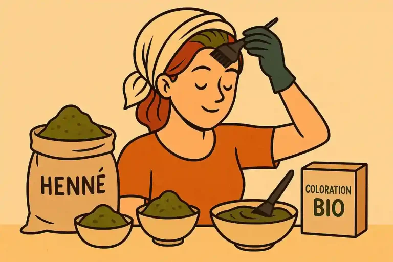 Illustration cartoon d’une femme appliquant une coloration naturelle avec henné et coloration bio.