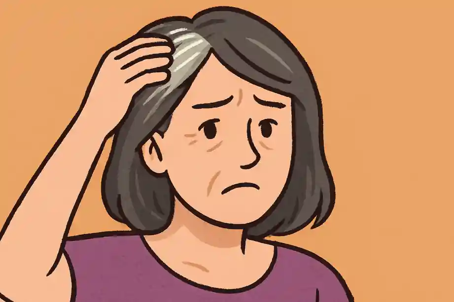 Illustration cartoon d’une femme montrant des cheveux blancs partiels, avec une texture plus sèche et un contraste marqué avec sa peau claire