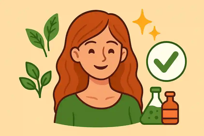Illustration cartoon d’une femme aux cheveux brillants avec des feuilles de henné, brillance et symbole  sans chimie