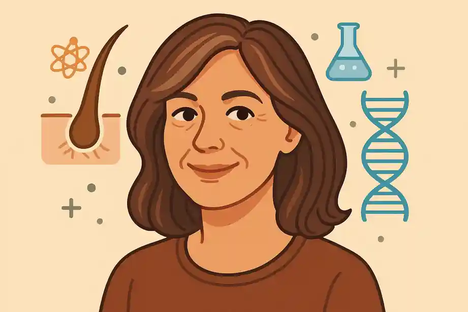 Illustration cartoon scientifique d’une femme avec cheveux bruns lumineux entourée d’icônes ADN et racines de cheveux