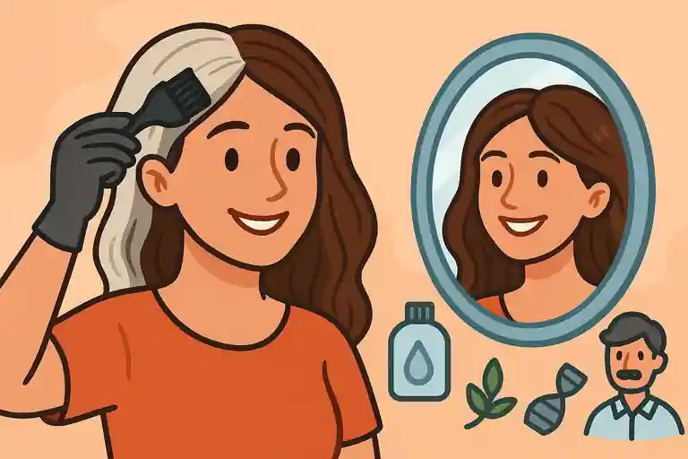 Illustration cartoon d’une femme souriante devant un miroir, cachant ses cheveux blancs avec une coloration