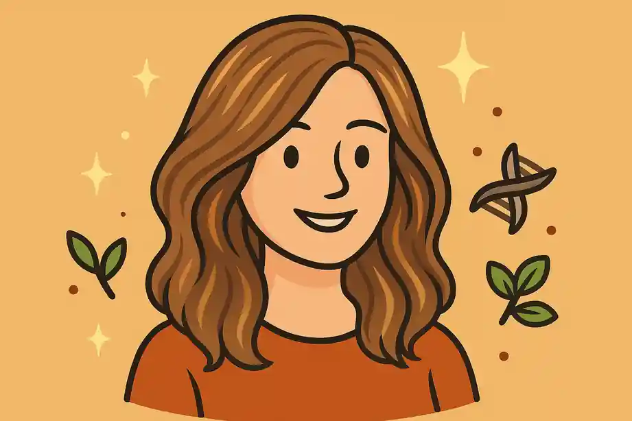 llustration cartoon d’une femme souriante avec des cheveux châtain clair aux reflets lumineux