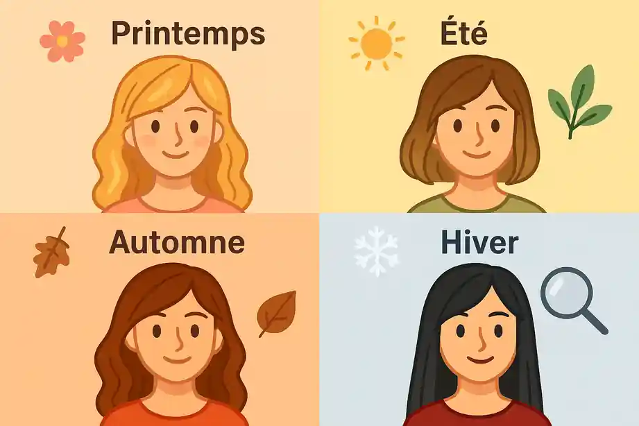 Illustration cartoon éducative en quatre parties, représentant les couleurs de cheveux idéales selon les saisons