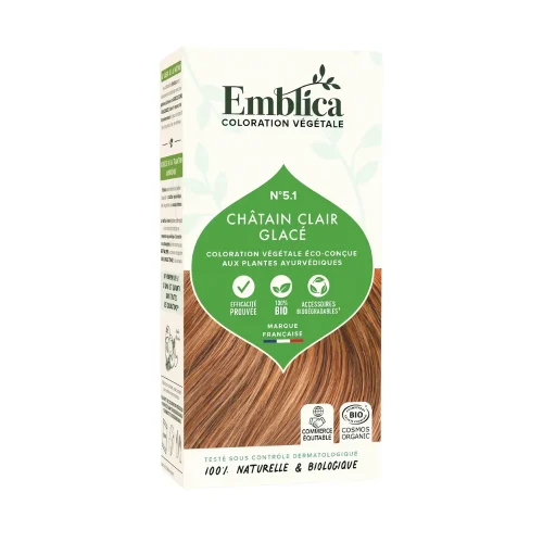 Coloration végétale 5.1 Châtain clair glacé 100 g Emblica Coloration végétale 5.1 Châtain clair glacé 100 g Emblica reflets froids
