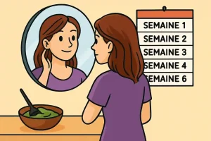 Illustration cartoon montrant une femme devant un calendrier de 6 semaines pour symboliser la durée d’une coloration sans ammoniaque.
