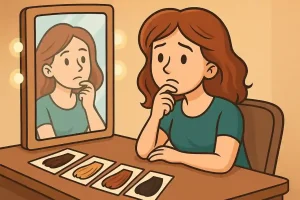 Illustration cartoon d’une femme devant un miroir au Maroc, hésitant entre plusieurs couleurs de coloration pour cheveux et cherchant la bonne teinture adaptée.