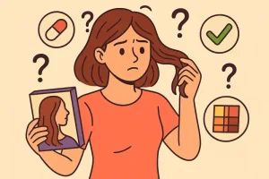 Femme hésitant entre plusieurs colorations capillaires, illustration style cartoon santé cheveux
