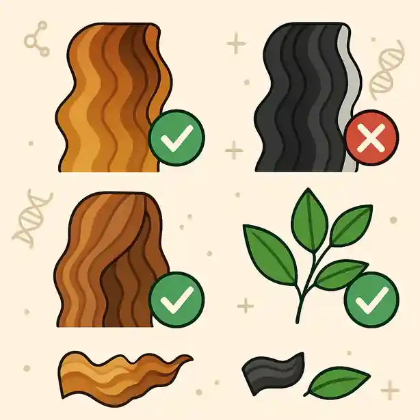 Illustration cartoon éducative avec des cheveux colorés, des checks verts, des croix rouges et des émotionnes de plantes