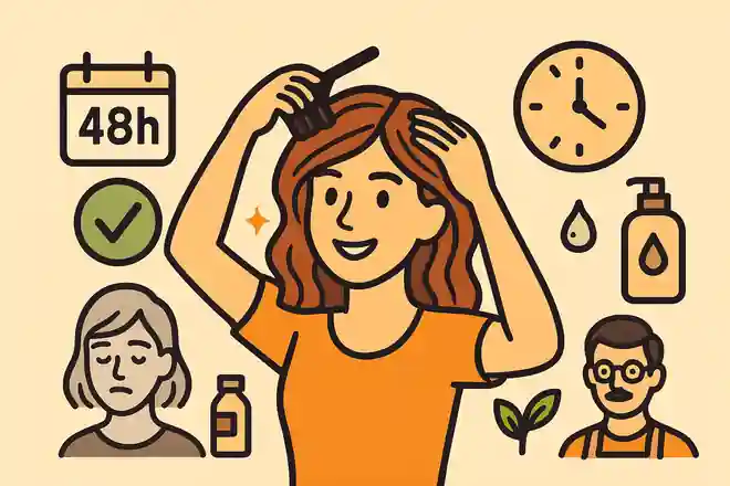 Illustration cartoon éducative avec une femme se colorant les cheveux, entourée de pictogrammes de test cutané, horloge, soins nourrissants et coiffeur visagiste