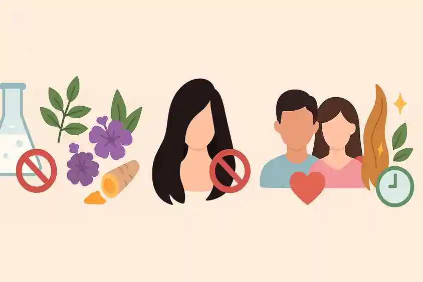 Infographie cartoon éducative avec symboles de produits chimiques barrés, plantes, cheveux brillants et icônes de soin naturel.