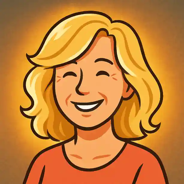 Illustration cartoon d’une femme de 50 ans souriante, avec des cheveux blonds lumineux aux reflets miel, doré et beige