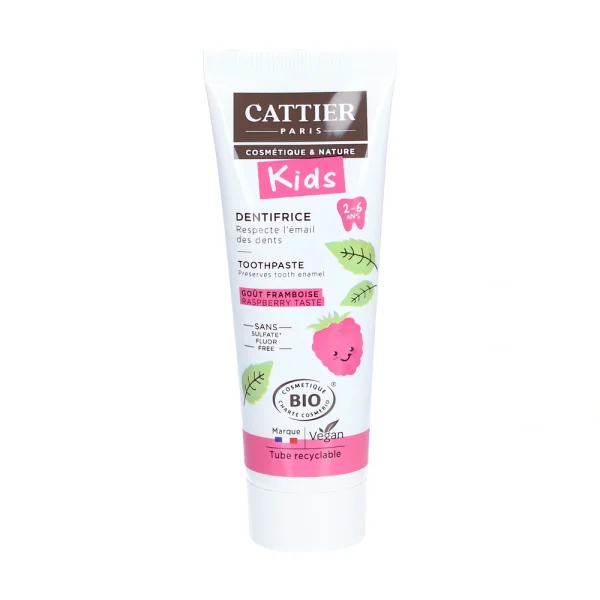 Dentifrice enfants 2-6 ans goût framboise bio 50ml Cattier – soin doux premières dents
