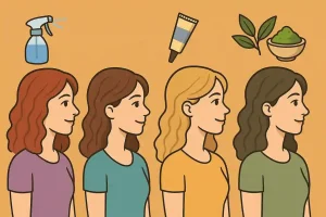 Illustration cartoon de quatre femmes représentant différents types de colorations capillaires