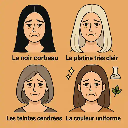 Illustration cartoon comparative montrant différentes erreurs capillaires à éviter comme le noir corbeau, le platine très clair, le cendré et la couleur uniforme