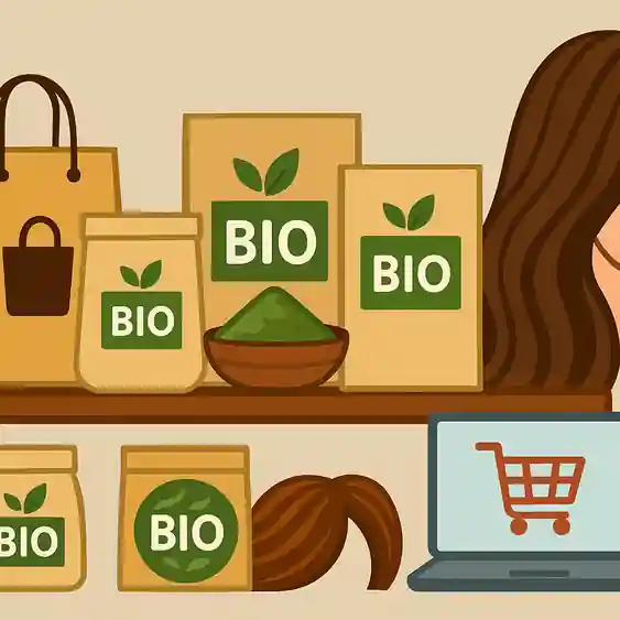 Illustration cartoon de gammes de colorations végétales bio pour cheveux, avec symboles de boutique et panier e-commerce