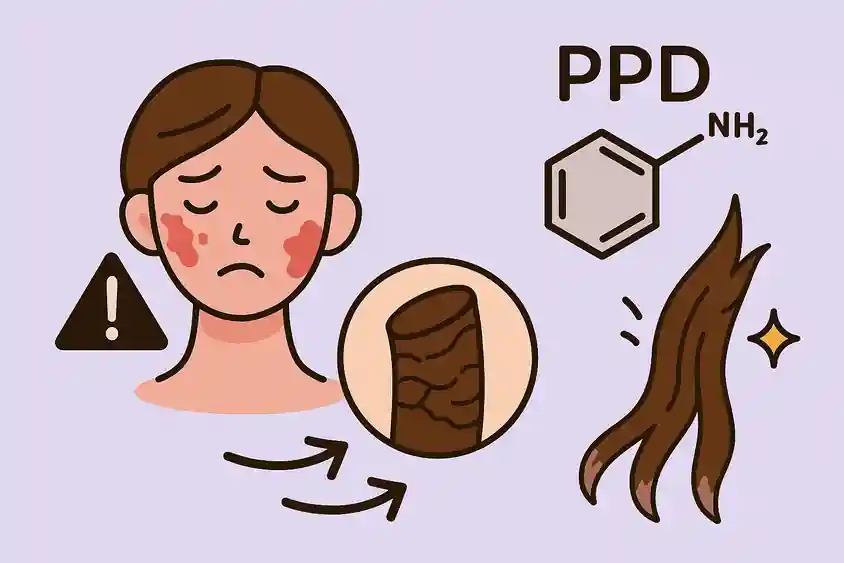 Illustration cartoon avec symbole allergie, molécule chimique, fibre capillaire fragilisée et cheveux secs cassants.