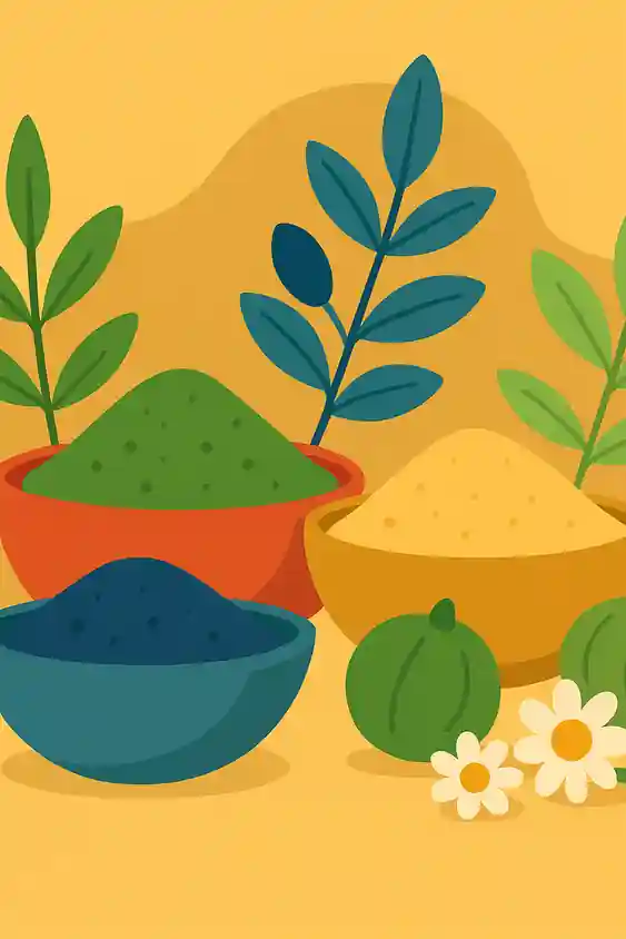 Illustration cartoon avec bols de henné, indigo, cassia, amla et camomille.