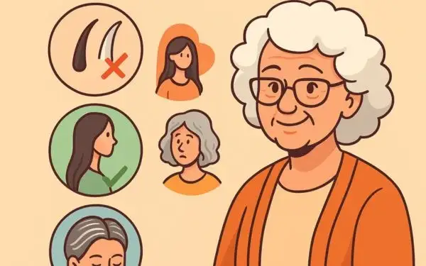 Illustration cartoon sur les mythes et réalités des cheveux blancs, santé capillaire et perception sociale