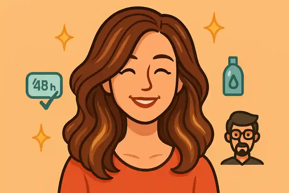 Illustration cartoon d’une femme rayonnante avec ses cheveux naturels sublimés par des reflets lumineux
