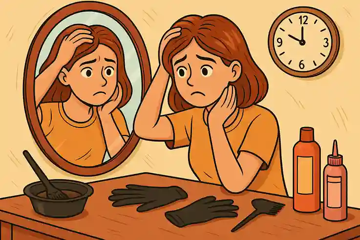 Illustration cartoon d’une femme devant un miroir, observant ses cheveux et se demandant quand faire une coloration, avec outils de teinture sur la table