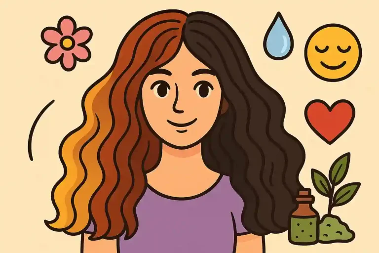 illustration cartoon d’une femme avec des coloration de mèches de cheveux multicolores symbolisant beauté, soin, identité et santé capillaire