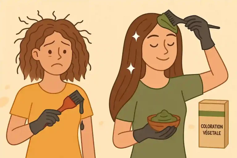 Illustration cartoon comparant une coloration chimique qui abîme les cheveux et une coloration végétale qui les protèg