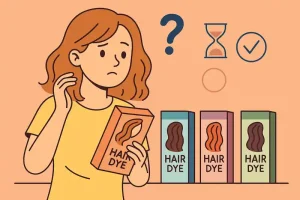 Femme choisissant entre differentes colorations capillaires illustration cartoon