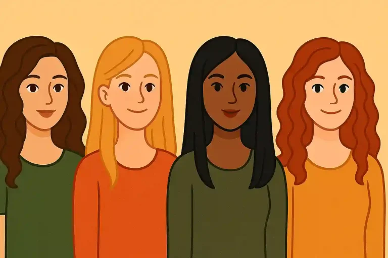 Illustration cartoon de quatre femmes au Maroc avec cheveux brun, blond, noir et roux, représentant la belle couleur et la diversité des styles de coloration.
