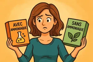 Femme comparant une coloration avec ammoniaque et une coloration sans ammoniaque illustration cartoon