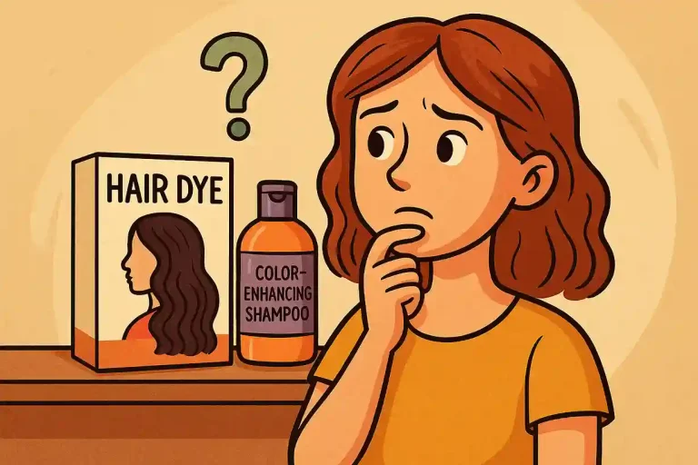 Femme comparant une coloration capillaire et un shampoing colorant illustration cartoon