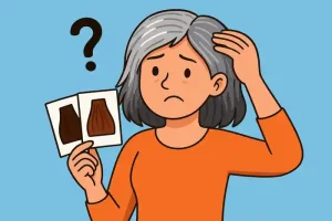 Femme aux cheveux blancs cherchant une coloration pour les couvrir illustration cartoon