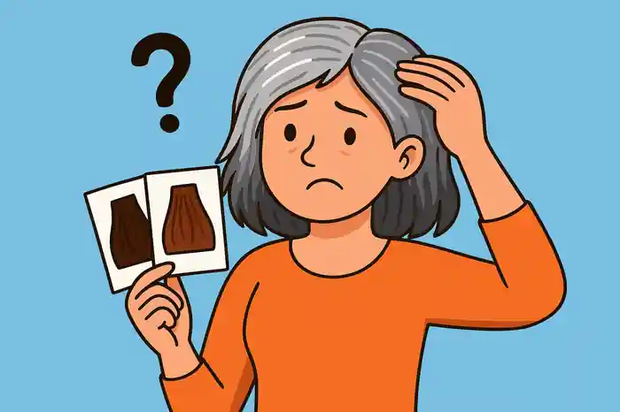 Femme aux cheveux blancs cherchant une coloration pour les couvrir illustration cartoon