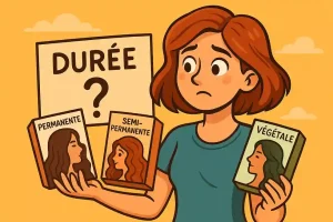 Femme comparant plusieurs teintures capillaires pour voir laquelle tient le mieux illustration cartoon
