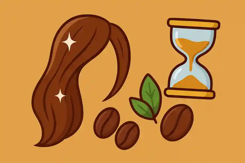 Illustration cartoon avec cheveux bruns lumineux, grains de café ☕, feuilles de thé et sablier pour symboliser l’effet temporaire.