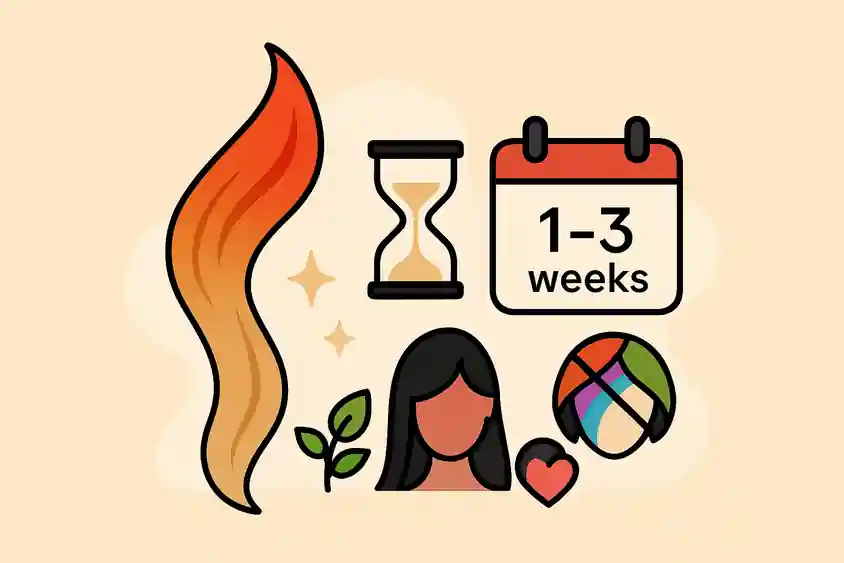 Illustration cartoon d’une mèche de cheveux changeant de couleur avec un sablier ⏳ pour symboliser la durée limitée.