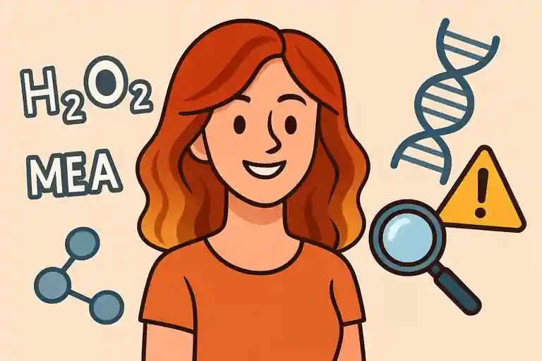 Illustration cartoon scientifique avec cheveux colorés, molécules chimiques, brin d’ADN et symbole d’avertissement
