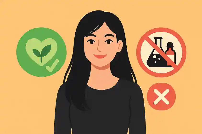 Illustration cartoon d’une femme aux cheveux noirs et longs avec un symbole santé  et un pictogramme chimique barré