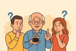Trois générations face à un pot de Shilajit, évoquant l’âge idéal pour une cure naturelle