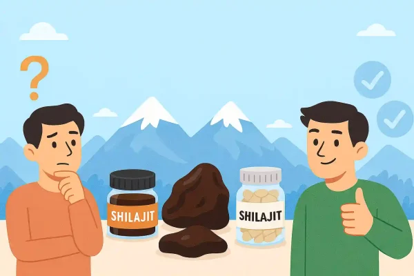 Comparatif des différents types de Shilajit en résine et gélules avec illustration