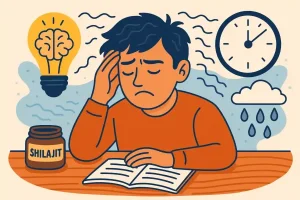 Illustration cartoon d’un homme stressé étudiant avec un pot de Shilajit sur la table