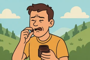 Homme qui goûte le Shilajit avec une grimace à cause de son amertume