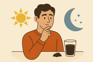 Homme réfléchissant au choix matin ou soir pour prendre du Shilajit, illustration style cartoon