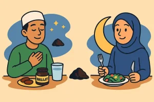 Illustration cartoon d’un homme et d’une femme prenant du Shilajit au s’hour et au ftour pendant le Ramadan