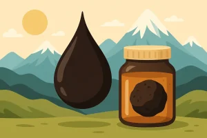 Illustration cartoon paysage avec montagnes, pot et goutte de Shilajit, pour illustrer un article comparatif au Maroc